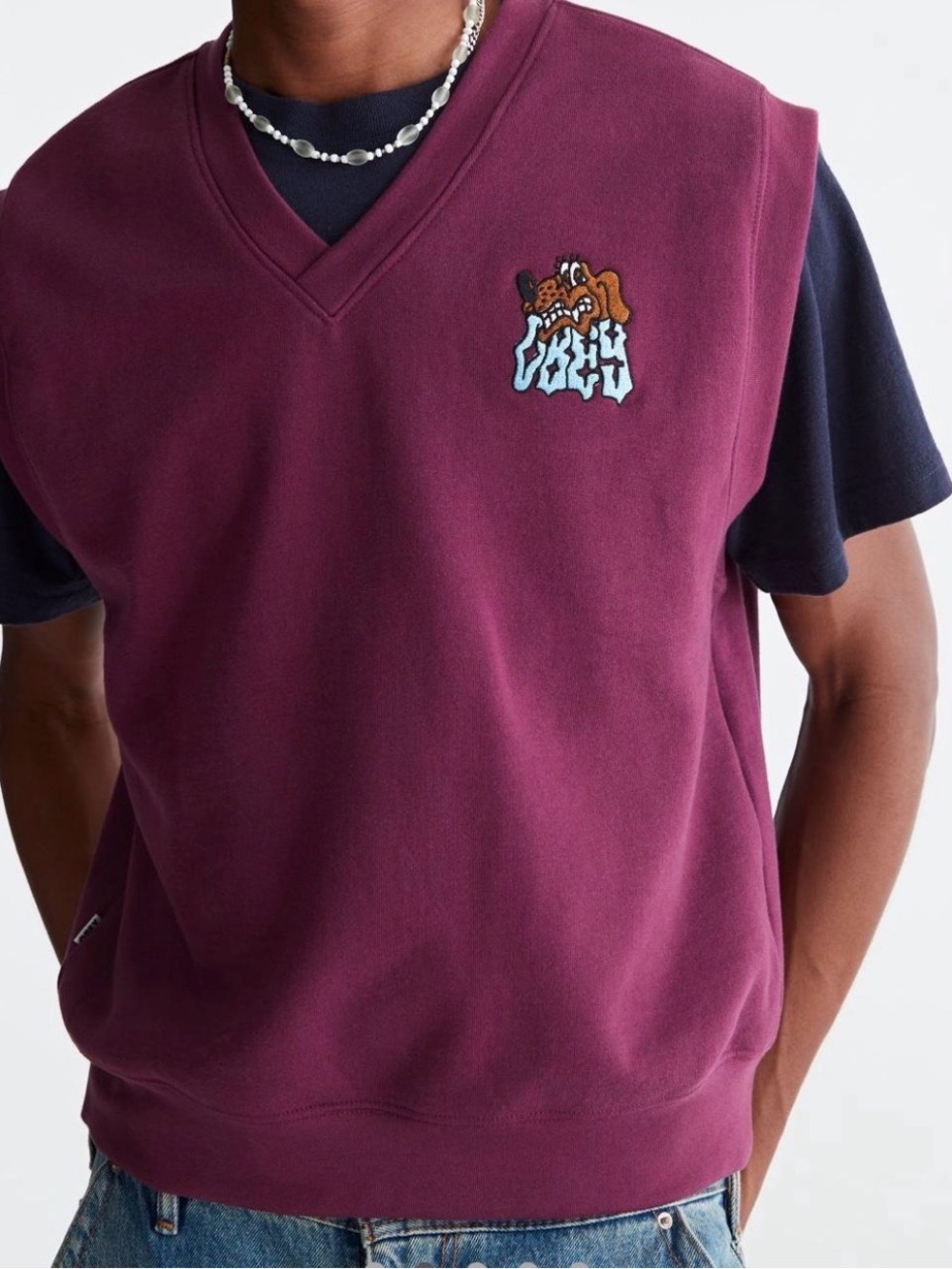 Obey Burgundy V‑Neck Sweater Vest with Cartoon Patch
